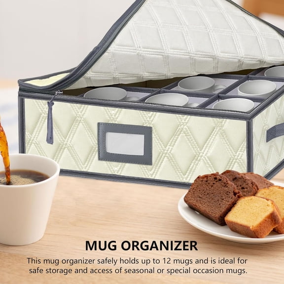 EFEMF-Mug and Cup Storage Box with Dividers - 1 Pack China Storage Bin Containers Holds 12 Glassware, Stackable Coffee Mug Organizer Bin and Tea Cup with 2 Metal Zipper,Label and Handles