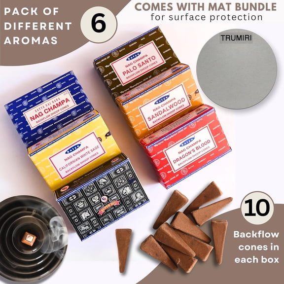 EFEMF-Nag Champa|Super Hit|Dragons Blood|Palo Santo|Sandalwood|Californian White Sage Variety Pack Backflow Incense Cones for Waterfall Aromatic Smoke Fountain Haze Falls and Mat Bundle - Pack of 6