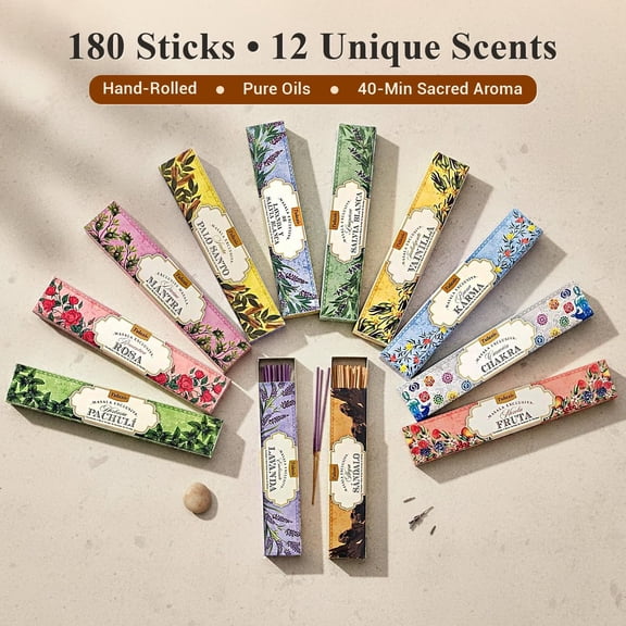 EFEMF-Natural Incense Sticks Assorted/Variety Pack 180 Hand-Rolled Sticks, 12 Fragrances | Lavender, White Sage, Sandalwood, Palo Santo, Rose | Aromatherapy & Meditation