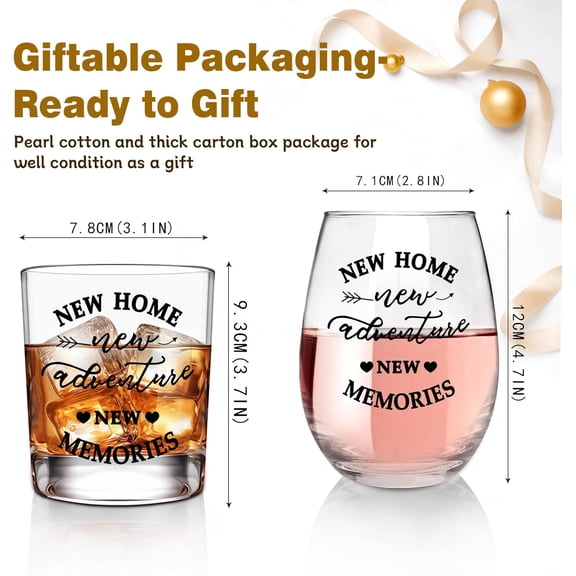 EFEMF-New Home New Adventures Wine and Whiskey Glass Gift Set - Unique Housewarming Gift for New Homeowners - New Home Gift Ideas for Women and Men