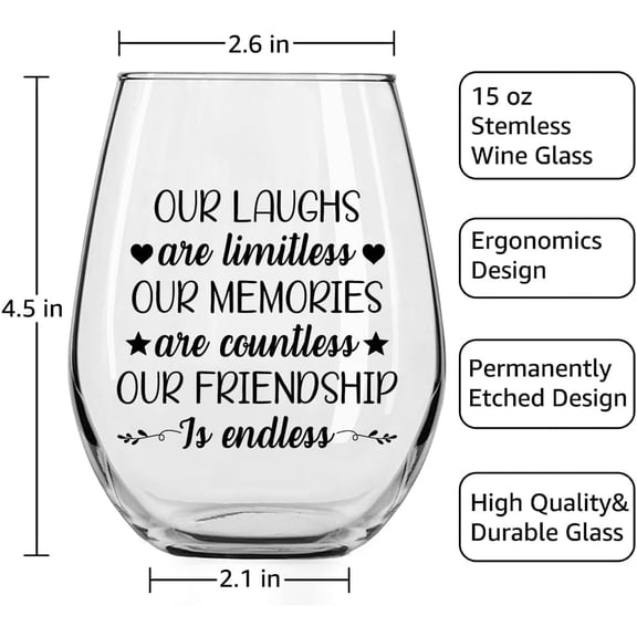 EFEMF-Our Laughs Are Limitless Our Memories Are Countless Stemless Wine Glass With Gifts Box, Graduation Farewell Gifts For Classmate Friends Bestie, Stemless Glass For Wine Lover, Wedding Eve