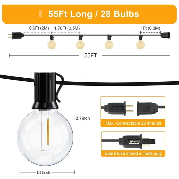 EFEMF-Outdoor String Lights, 55FT Shatterproof LED Patio Lights with 26 Dimmable Plastic G40 Bulbs, 2200K Waterproof Connectable Hanging String for Backyard, Cafe, Porch, Deck, E12 Base