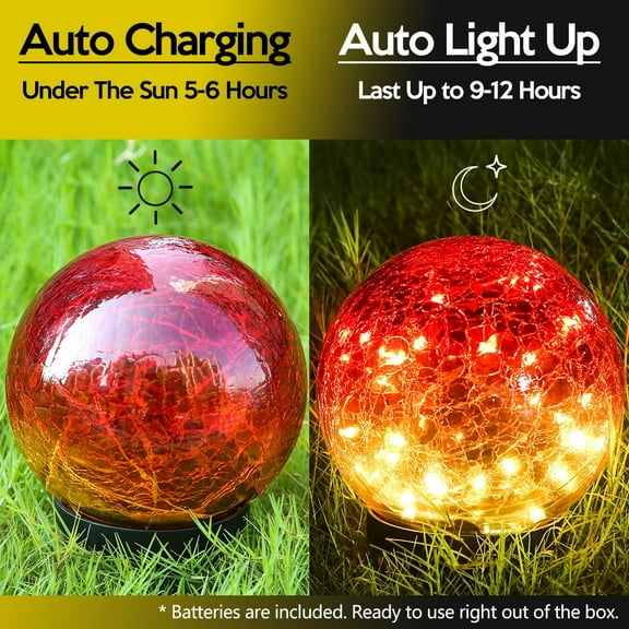 EFEMF-Outdoor Waterproof Solar Gradient Red Globe Lights, Led Solar Round Gazing Balls Ornaments for Lawn Garden Patio Table Art Decoration, Back Yard Landscape Illuminated Cracked Glass Sphere Light