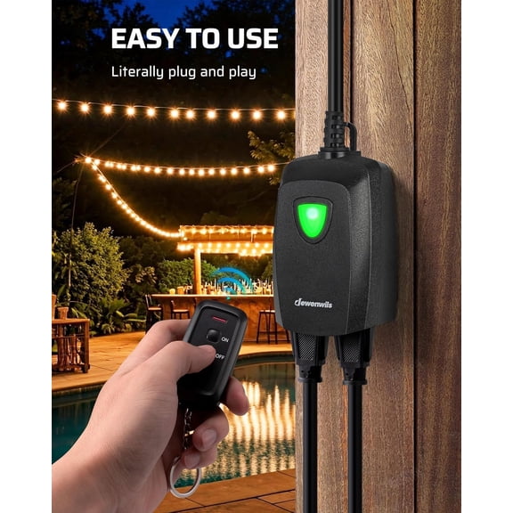 EFEMF-Outdoor Wireless Remote Control Outlet Power Strip Weatherproof, Expandable Indoor Outdoor Electrical Plug in Light Switch, 15 A, 7-Inch Extension Cord, 100 FT Range, ETL Listed