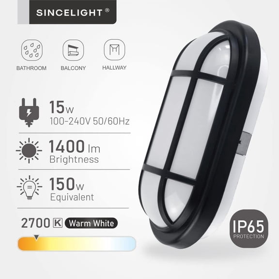 EFEMF-Oval LED Bulkhead Light for Wall and Ceiling Mount, Opal Diffuser, IP65 Waterproof for Indoor or Outdoor use, 15W, Warm White 2700K, IK08, Class II