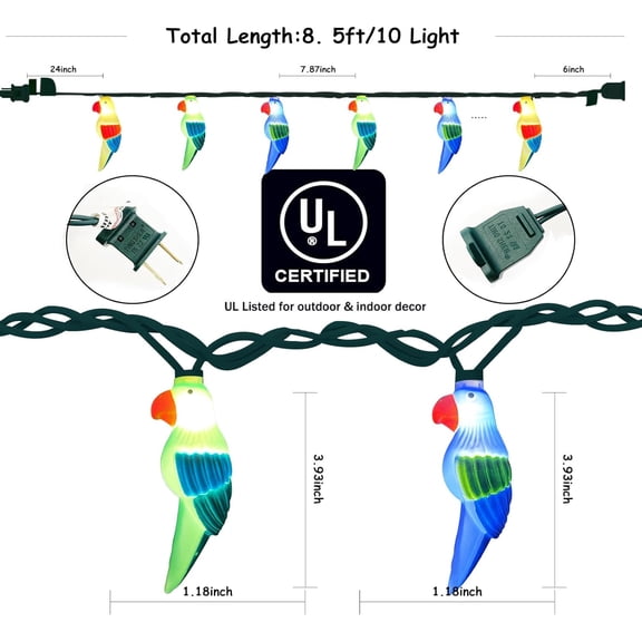 EFEMF-Parrot String Lights 8.5Ft Summer Camping String Lights with 10 LED Lights, Tropical Themed Fairy Lights for Luau Party/Beach/Fiesta/Birthday Decorations Lights,Green Wire