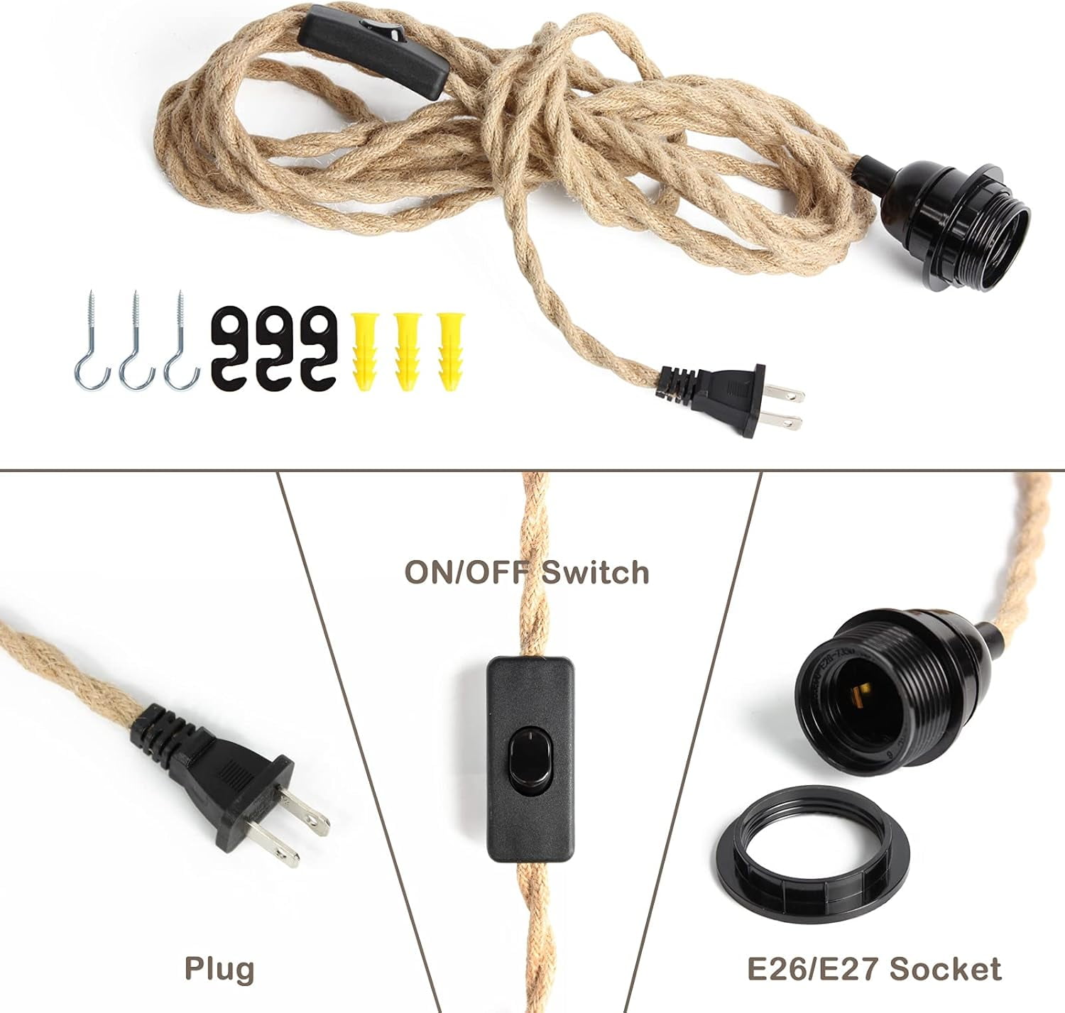 EFEMF-Pendant Rope Light Cord Kit with Switch Plug in, 15ft Twisted ...