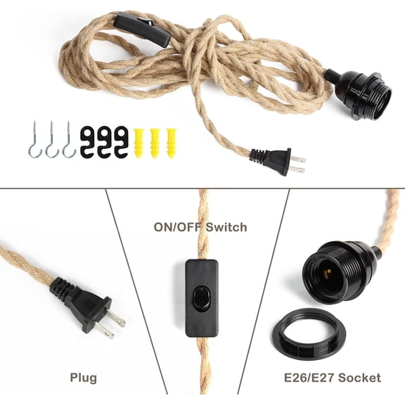 EFEMF-Pendant Rope Light Cord Kit with Switch Plug in, 15ft Twisted Hemp Rope Hanging Light Kit, Industrial Pendant Lighting E26 Lamp Socket, Extension Cords for Retro DIY Project (15ft-1 Pack)