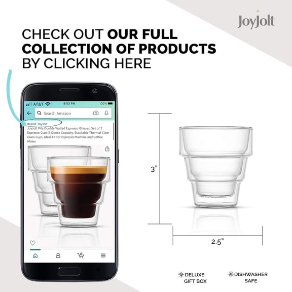 EFEMF-Pila Double Walled Espresso Glasses, Set of 2 Espresso Cups 3 Ounce Capacity. Stackable Thermal Clear Glass Cups, Ideal Fit for Espresso Machine and Coffee Maker