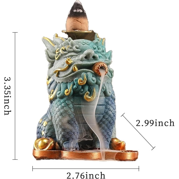 EFEMF-Pixiu Waterfall Backflow Incense Burner, Wealth Guardian Incense Holder with Golden Ingots & Cloud Base, Chinese Mythical Beast Zen Decor for Meditation Desk, Good Fortune Aromatherapy Gift(Gre