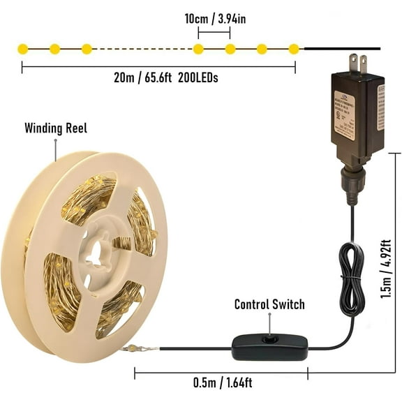 EFEMF-Plug in Fairy Lights with Switch, Waterproof 66 Ft 200 LED Silver Wire Starry String Firefly Lights for Bedroom, Patio, Garden, Balcony, Dorm, Warm White