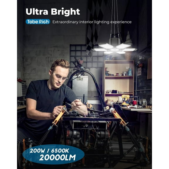 EFEMF-Plug in Garage Light (Built in Outlet) - Super Bright 200W 20000LM Linkable LED Shop Light w/ 9.84ft Power Cord, 6500K Work Light for Garage, Workshop, Utility Room (1 Pack)
