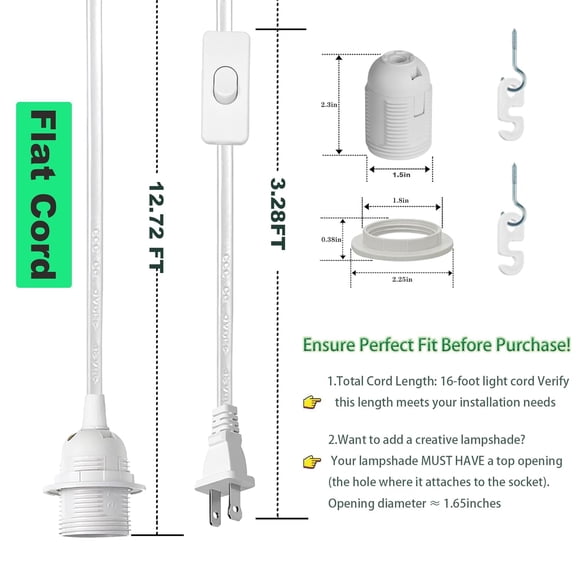 EFEMF-Plug in Light Socket - 16Ft Pendant Light Cord Kit E26/E27 Light Socket Hanging Lantern Lamp Cord with On/Off Switch,Socket Rings, 2 Pack, White