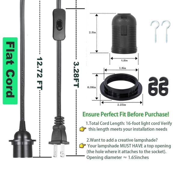 EFEMF-Plug in Pendant Light Cord - 16Ft Hanging Light Kit E26/E27 Light Socket Hanging Lantern Lamp Cord with On/Off Switch,Socket Rings, 2 Pack, Black