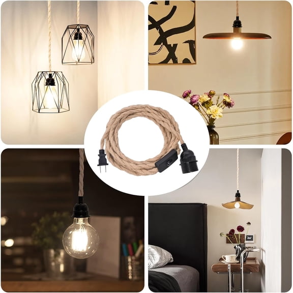 EFEMF-Plug in Pendant Light Cord, Industrial Hanging Light Kit with 15FT Hemp Rope, E26 E27 Light Socket Base for Hanging Lamp Kit, Hanging Light Cord with On/Off Switch, Ideal for Room Decor-2 Pack