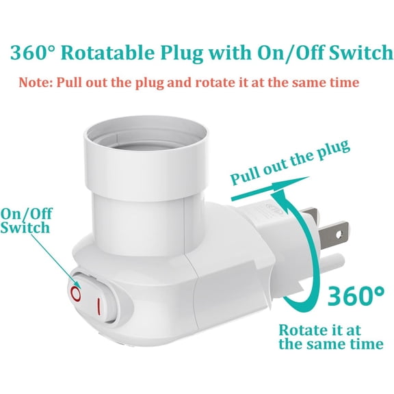 EFEMF-Plug in Light Socket, Outlet to Socket Adapter, 360 Rotatable Plug with On/Off Switch, ETL Listed, White
