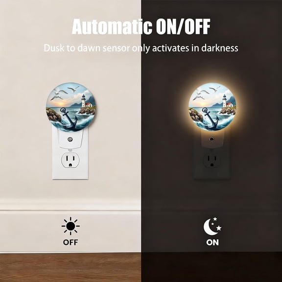 EFEMF-Plug-in Seascape Night Light Anchor Lighthouse and Seagulls at Sunset Nightlight with Dusk to Dawn Sensor, Auto On/Off 0.5W Energy-Saving LED Lighting for Men Women Boys Girls Gift