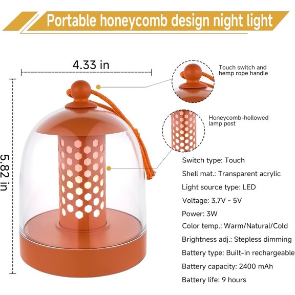 EFEMF-Portable Portable lamp with Rope, 360 Portable, Touch Switch, stepless dimming, Large-Capacity Battery, Rechargeable LED Portable lamp, Suitable for Camping Bedroom Party. (Orange)