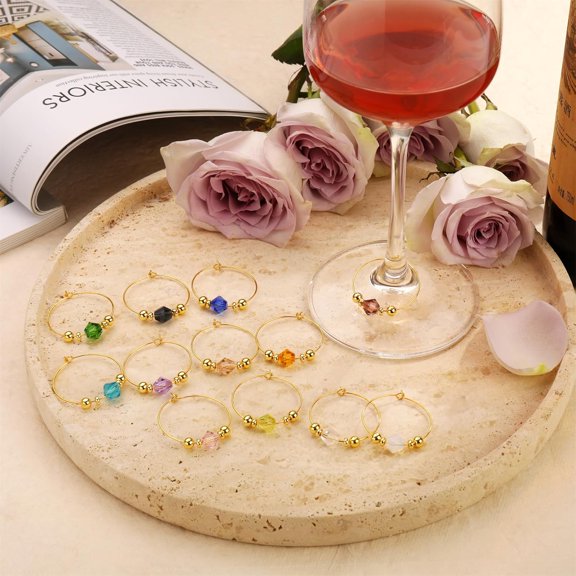 EFEMF-Pride & Par 12Pcs Gold/Silver Plating Ring with Gem Charms for Glasses - Wine Glass Markers for Weddings & Parties