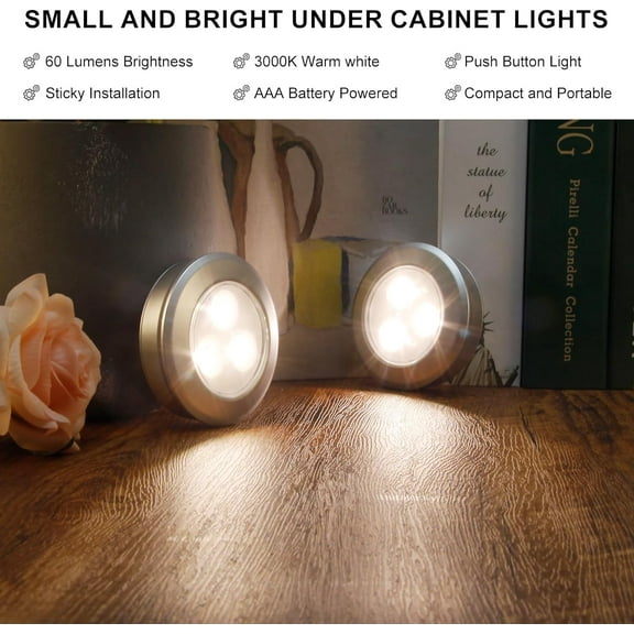 EFEMF-Puck Light, LED Tap Light Push Lights, Battery Operated Stick On Night Light, Portable Under Cabinet Lights and Counter Lighting for Kitchen Sink, Shelf, 3-Pack, Silver