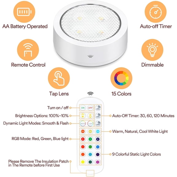 EFEMF-Puck Lights with Remote Control, Battery Powered Wireless LED Under Cabinet Lighting, RGBCW Stick On Push Lights 6 Pack - White