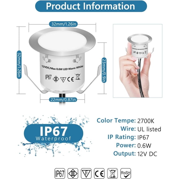 EFEMF-Recessed LED Deck Light Kits 1Pack, 12V Low Voltage Landscape Lighting IP67 Waterproof Outdoor Step Stair Lights Warm White Deck Lighting for Garden Yard Steps Stair Patio Floor Decoration