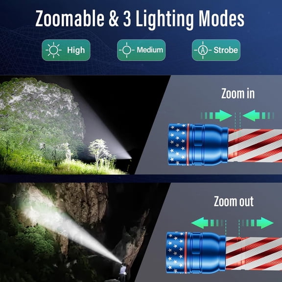 EFEMF-Rechargeable Flashlight 2 Pack, Bright Military Torch High Lumens with Adjustable Focus & 3 Lighting Modes, Waterproof Led Flashlight for Camping Home, Gifts for Man