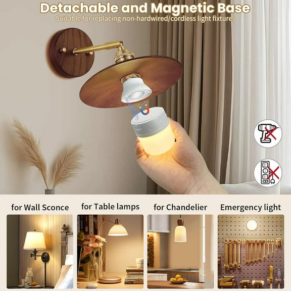 EFEMF-Rechargeable Light Bulb, E26 Battery Operated Bulbs for Lamps, Magnetic LED Bulb for Hardwired Cordless Fixture, Emergency, Touch+Remote Control, Dimmable, 4 Timer, USB & Socket Charging, 2000m