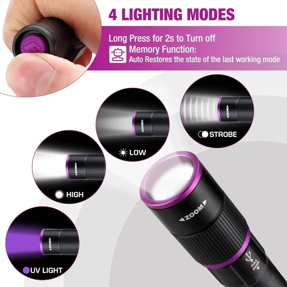 EFEMF-Rechargeable Pen Flashlight with UV Light and White Light, 395nm Black Flashlight with Clip, Zoomable 4 Modes with Memory Function, USB C Cable, for Camping, Emergency, Pet Urine Detection