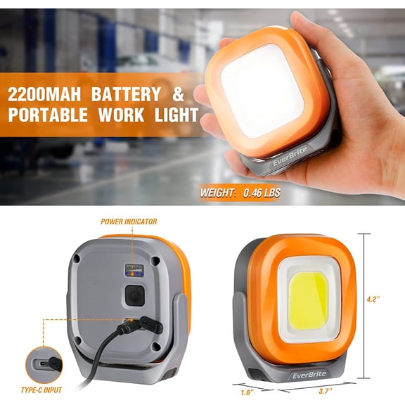 EFEMF-Rechargeable Portable Magnetic Led Work Light, 1000 Lumen Super Bright Cordless Light for Car, Camping, Outdoors, Emergency & Job Site Lighting, 4 Modes, Orange Gray