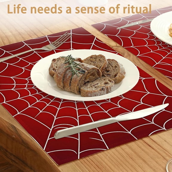 EFEMF-Red Web Placemats Set of 6, Table Mates Non-Slip Heat Resistant Washable Linen Place Mats for Party Kitchen Dining Decoration Indoor Outdoor 12"x18"