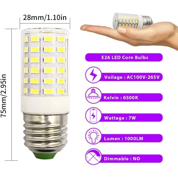 EFEMF-Refrigerator Light Bulb 7W LED E26 Equivalent 100W A15 Fridge Freezer Appliance Home Lighting E26 Edison Halogen, Cool White 6500K 100V-265V Super Bright Corn Lamp, Pack of 2 2T5766C-WE26