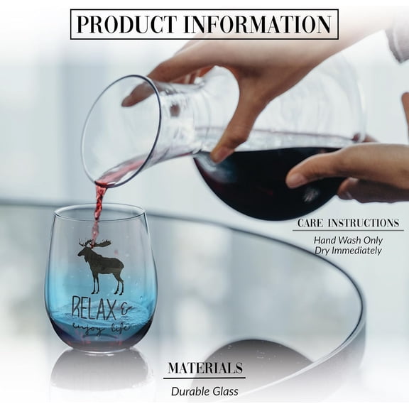 EFEMF-- Relax & Enjoy Life - 18 ounce Stemless Wine Glass, Lodge Collection, Cabin Themed Gifts or Rustic Dcor for Men or Women, Wine Tasting Gifts, 1 Count (Pack of 1), Blue