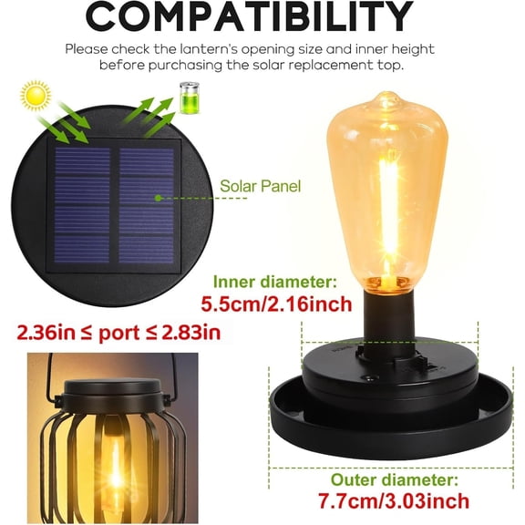 EFEMF-Replacement Solar Light Parts for Lantern: 2.83 inch Waterproof Solar Replacement Top Lights Fit for 2.36 in, 2.42 in, 2.5 in, 2.76 in, 2.83 in Old Lantern Port - Vintage Light Bulbs for Origin