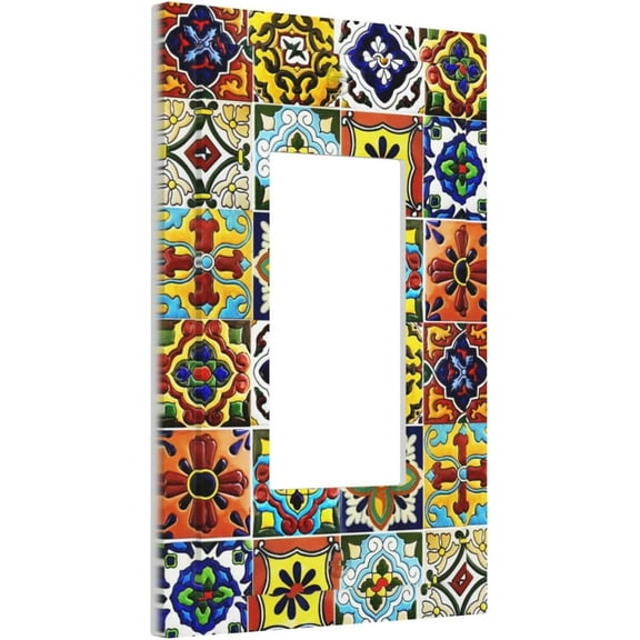 EFEMF-Retro Matte Mosaic Moroccan Mexican Mandala Boho Talavera Style Ceramic Tile 1 Gang Single Decorator/GFCI Device Outlet Wall Plate Electrical One Rocker Decorative Light Switch Cover Faceplate