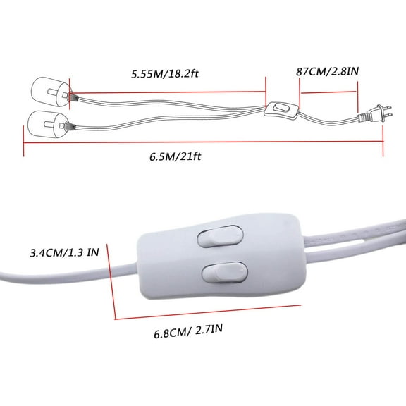 EFEMF-Rextin Double E26/E27 LED Light socket 21FT extension cord with On/Off switch and US AC Power Plug Bulb Socket for Pendant Lighting Bulb Lamp in Kitchen Bedroom Restaurant (21ft 1 to 2 sockets)