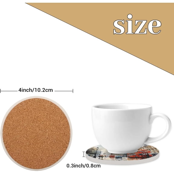 EFEMF-Round Coasters Set of 2, London Street Absorbent Ceramic Coaster with Cork Base, Bar Coasters for Drinks Coffee Mugs Tea Cups Wine Glasses Home Decor Gifts (4 inches)
