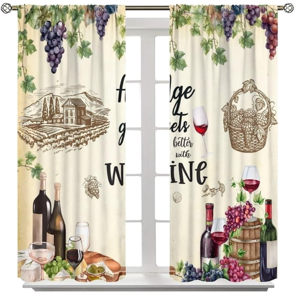 EFEMF-Rustic Wine Kitchen Curtains, Vintage Vineyard Grapevine Wineglass Farmhouse Decor Window Drapes for Bedroom Living Room Home Bar Decoration, 42" W X 45" L(No Blackout)