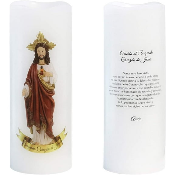 EFEMF-Sacred Heart of Jesus Picture Devotional Prayer Candle with Remote and Timer, Battery Operated Real Wax LED White Candle for Decoration Religious, Prayer in Spanish(3 x 3 x 6 inch)