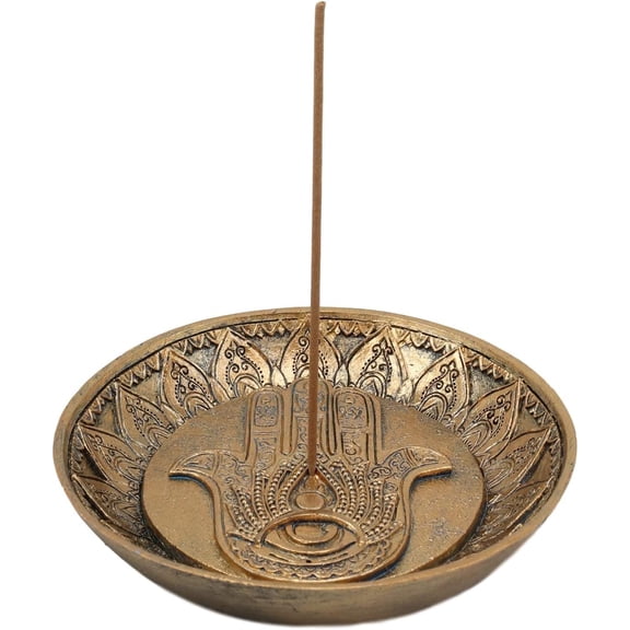 EFEMF-Sacred Symbol Amulet Hand of God Hamsa Palm Facing Up with Evil Eye Round Incense Stick Holder Burner Figurine 5" D Zen Feng Shui Vastu Home Fragrance Tabletop Altar Decor