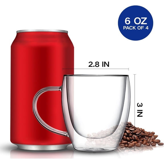 EFEMF-Set of 2 Double Walled Glass Coffee Mugs 6 Ounces Insulated Layer Coffee Cups with Handle Borosilicate Glass Espresso Cup for Hot Beverage,Cappuccino,Tea,Latte,Wine,Microwave Safe