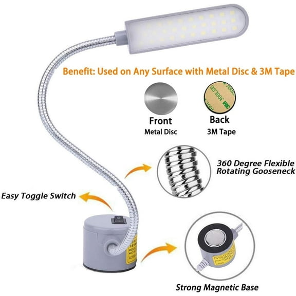 EFEMF-Sewing Machine Light LED Magnetic Work Light Lamp 30LED 6W Multifunctional Flexible Gooseneck Sewing Lamp with Magnetic Base for Workbench Lathe Drill Press Silver 3Pack