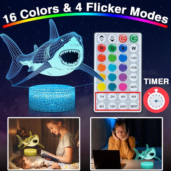 EFEMF-Shark 3D Light Illusion, 16 Colors LED Dimmable Night Light - Touch and Remote Control, Room Home Decor Shark Lamp with Tpye-C Cable