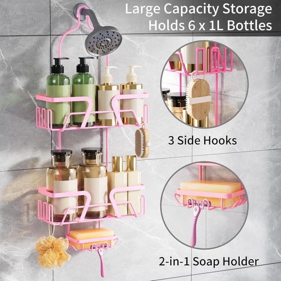 EFEMF-Shower Caddy Hanging, Pink Over the Shower Head Caddy with Soap Holder, Bathroom Organizer with Hooks for Razors and Bath Sponges