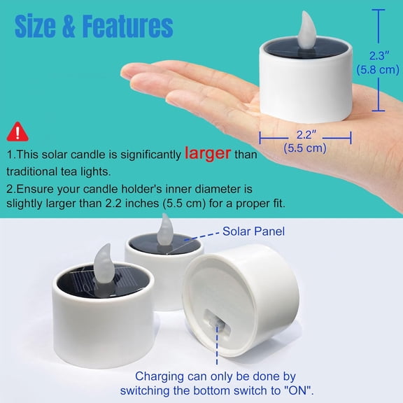 EFEMF-SingTok 6 PCS Solar Powered Tea Light Waterproof Rechargeable Candles, White Flickering LED Flameless Votive Battery Operated for Outdoor Garden Decor