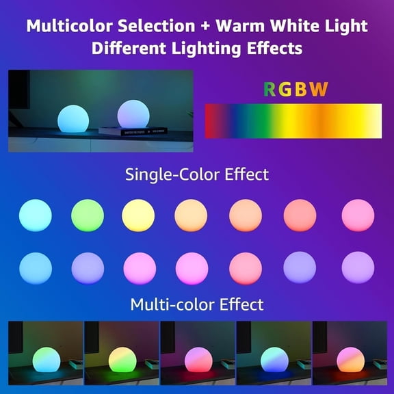 EFEMF-Smart Table Lamp, 8-inch Rechargeable LED Globe Orb Light with App/Remote Control, IPX6 Water-Resistant, 16 Colors & 4 Modes, Sphere Night Light for Home Bedroom Pool Garden Decor