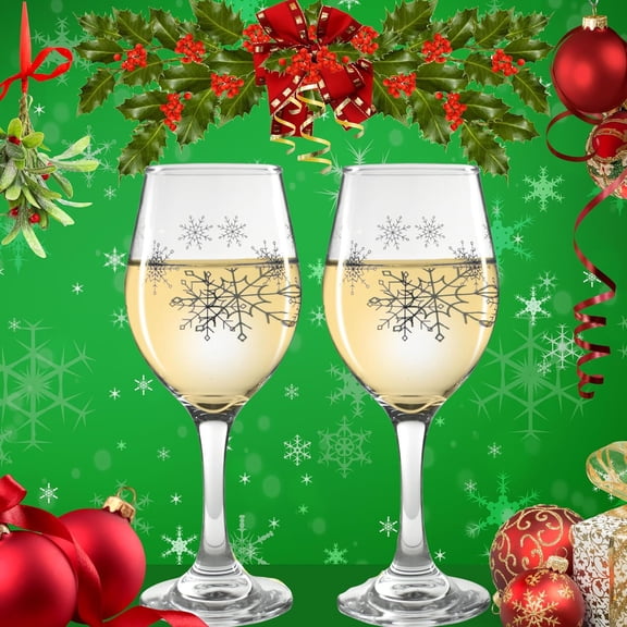 EFEMF-Snowflake Wine Glasses - Stemmed Wine Glasses with Silver Snowflake Designs Printed on each Side - Set of 2-7.75" H - 12 oz Capacity