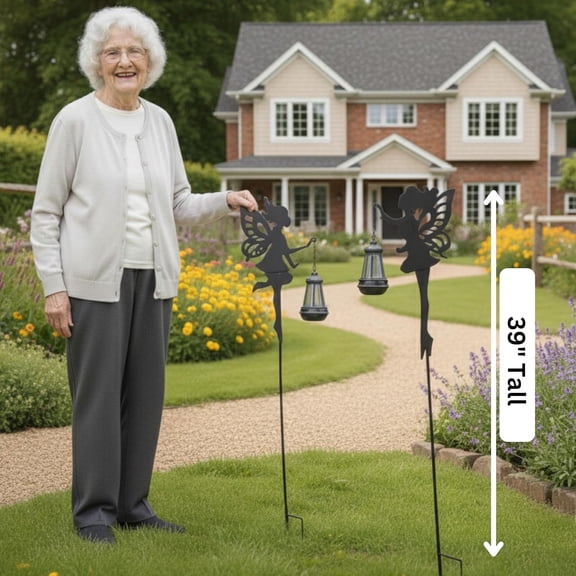 EFEMF-Solar Fairy Garden Lights Outdoor Spring Decorations Yard Ornaments, Color-Changing LED Fairy Statue with Lantern, Solar Powered Garden Stakes for Patio, Lawn & Pathway Decor (Set of 2)