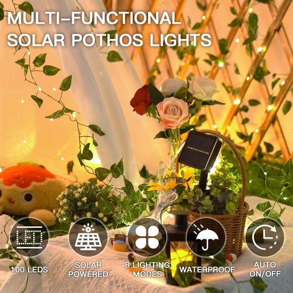 EFEMF-Solar Fairy Lights, 33ft 100 Led Pothos Leaf Solar String Lights Outdoor Waterproof, 8 Modes Vines with Lights for Balcony, Deck, Patio, Garden, Fence,Wedding (Warm White)