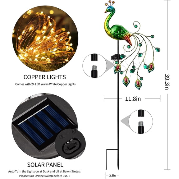 EFEMF-Solar Garden Lights, 39 Inch Height Outdoor Metal Peacock Decorative Garden Stakes, Mothers Day Ideal Gifts, Waterproof Path Lights Lawn Stake Ornaments for Patio Pathway Yard Decoration